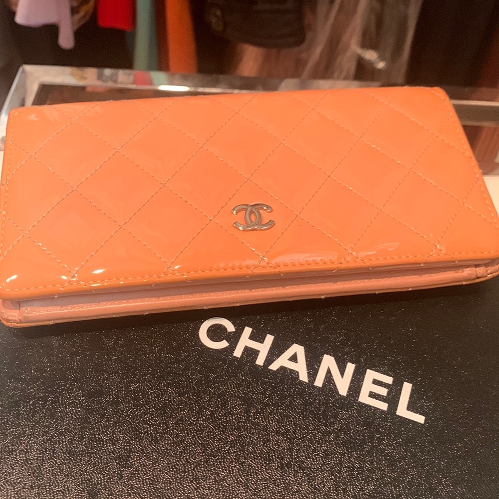 Chanel patent beige wallet.